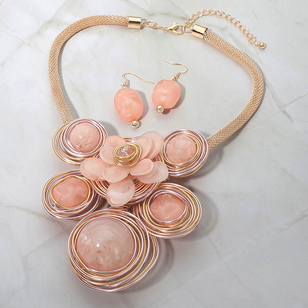 Madeline Love Gold, Pink Bold Floral Stone Center Wired Resin Embellished Pendant Statement Necklace - Necklaces