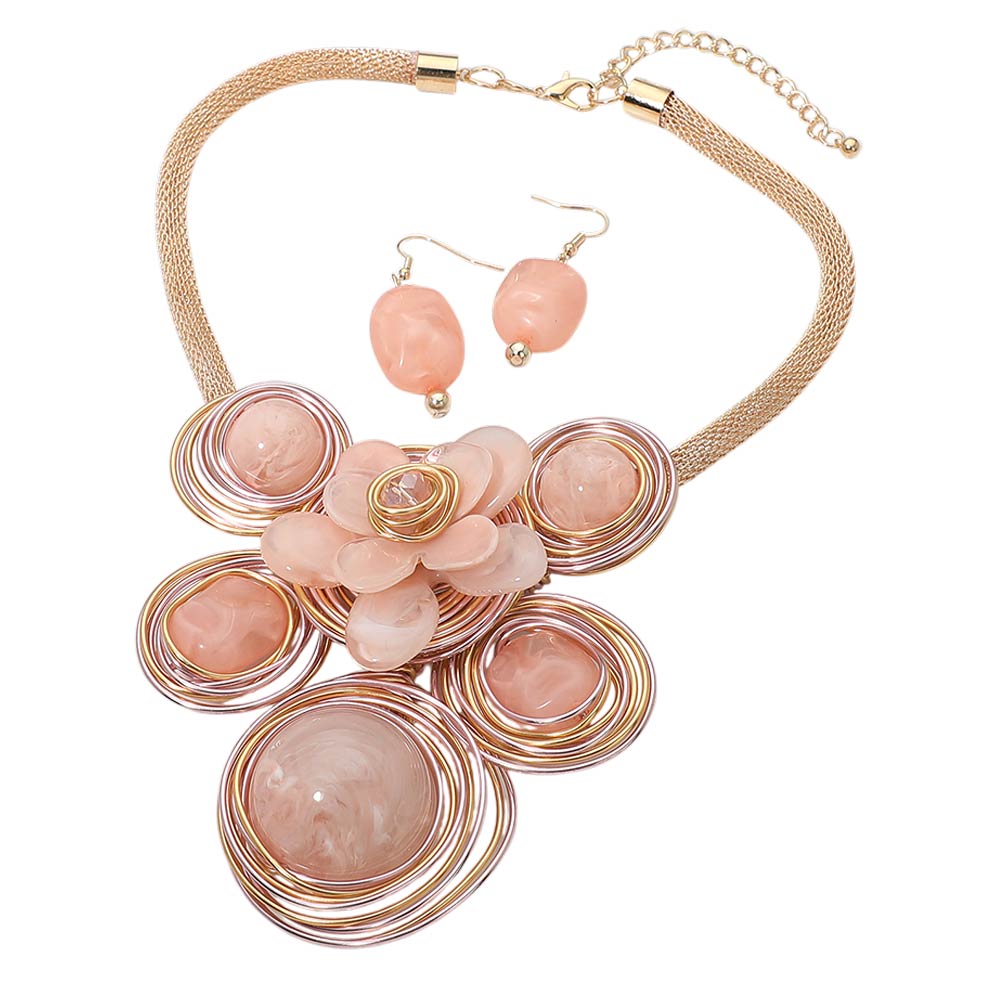 Madeline Love Gold, Pink Bold Floral Stone Center Wired Resin Embellished Pendant Statement Necklace - Necklaces - desc