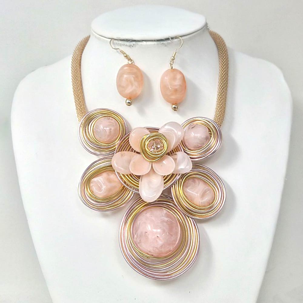 Madeline Love Gold, Pink Bold Floral Stone Center Wired Resin Embellished Pendant Statement Necklace - Necklaces - extra