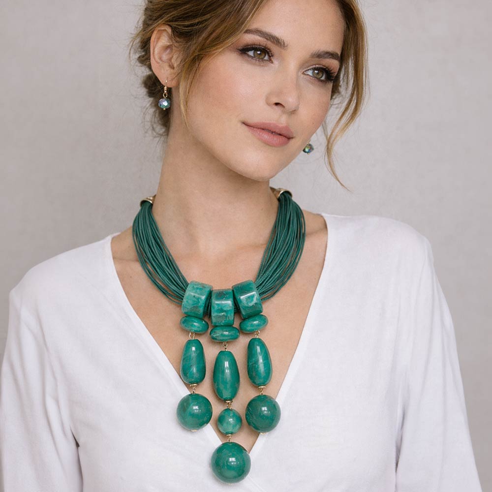 Madeline Love Gold, Green Bold Marbled Resin Beads Drop Multi Strand Cord Statement Necklace - Necklaces