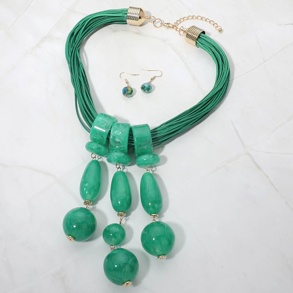 Madeline Love Gold, Green Bold Marbled Resin Beads Drop Multi Strand Cord Statement Necklace - Necklaces - desc