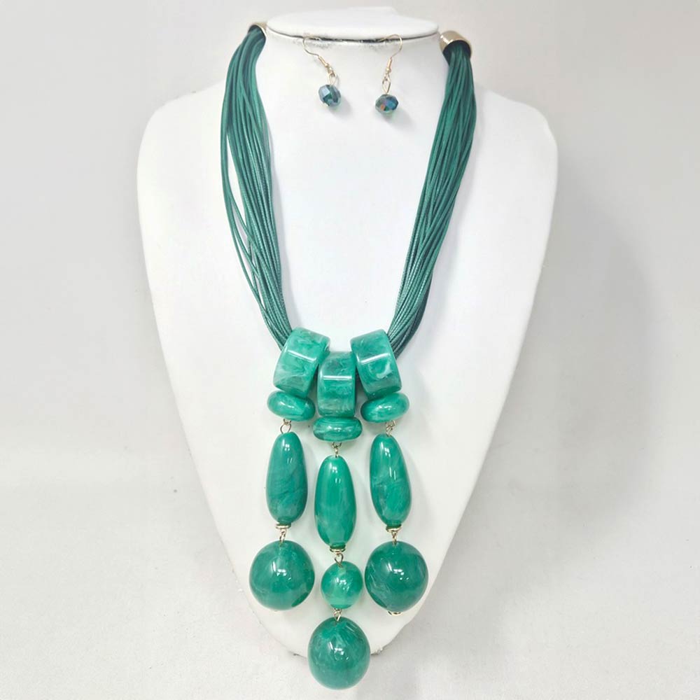 Madeline Love Gold, Green Bold Marbled Resin Beads Drop Multi Strand Cord Statement Necklace - Necklaces - extra