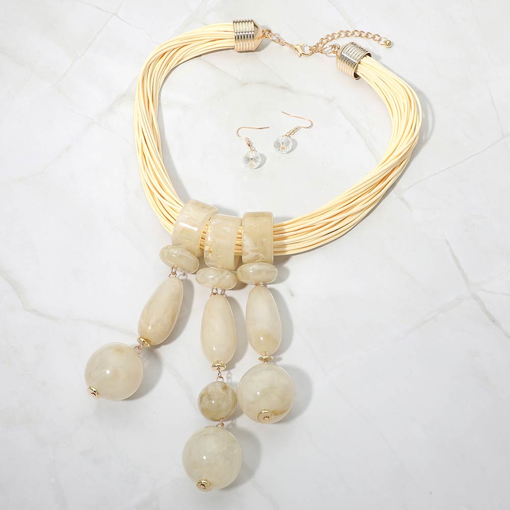 Madeline Love Gold, Ivory Bold Marbled Resin Beads Drop Multi Strand Cord Statement Necklace - Necklaces