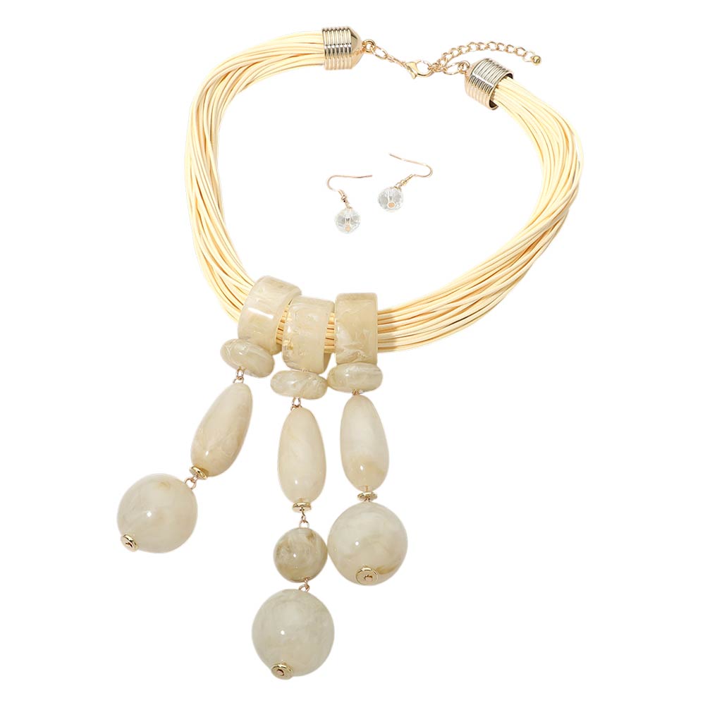 Madeline Love Gold, Ivory Bold Marbled Resin Beads Drop Multi Strand Cord Statement Necklace - Necklaces - desc