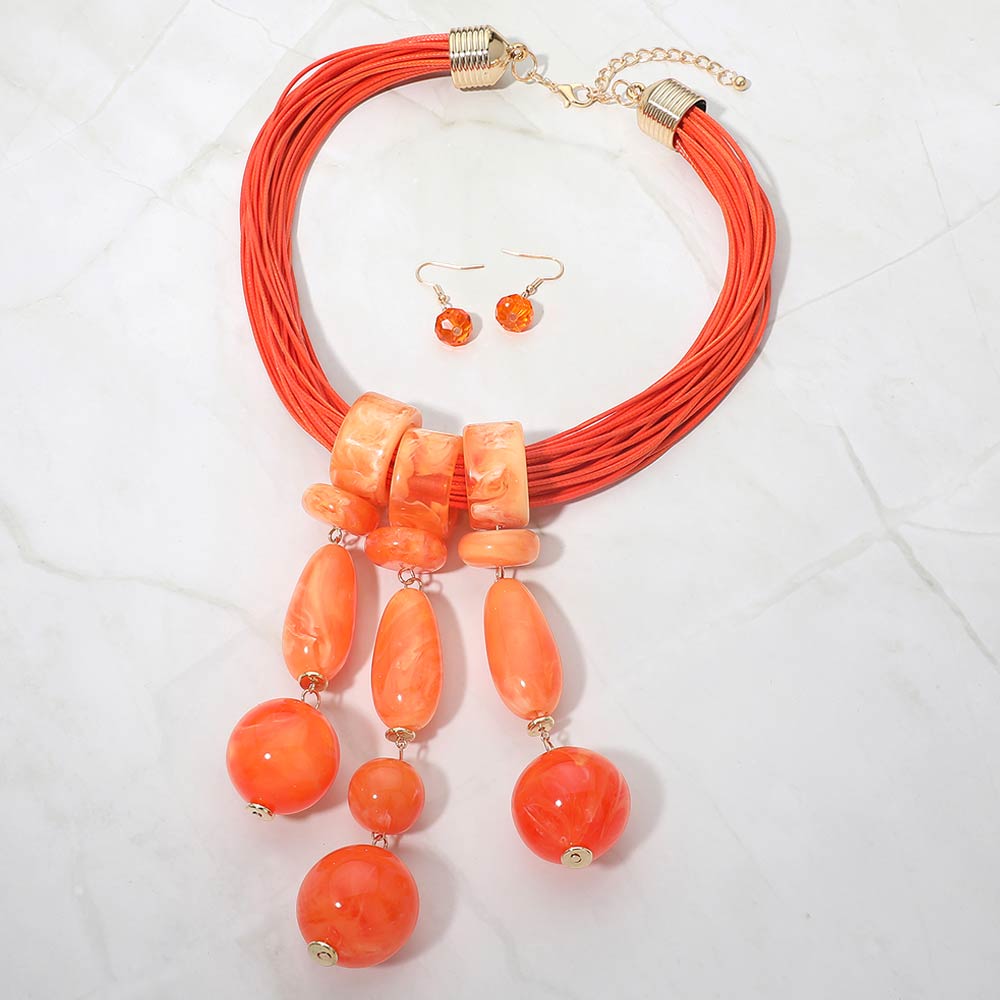 Madeline Love Gold, Orange Bold Marbled Resin Beads Drop Multi Strand Cord Statement Necklace - Necklaces