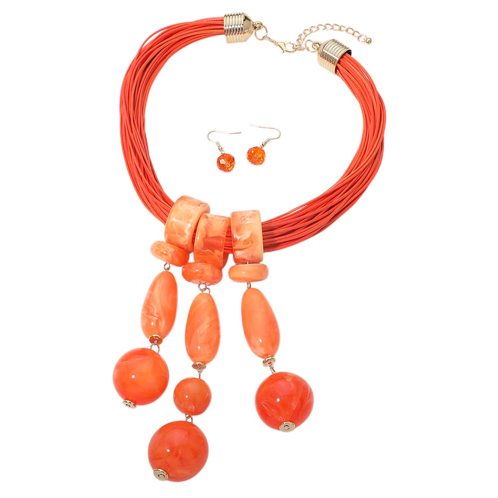 Madeline Love Gold, Orange Bold Marbled Resin Beads Drop Multi Strand Cord Statement Necklace - Necklaces - desc