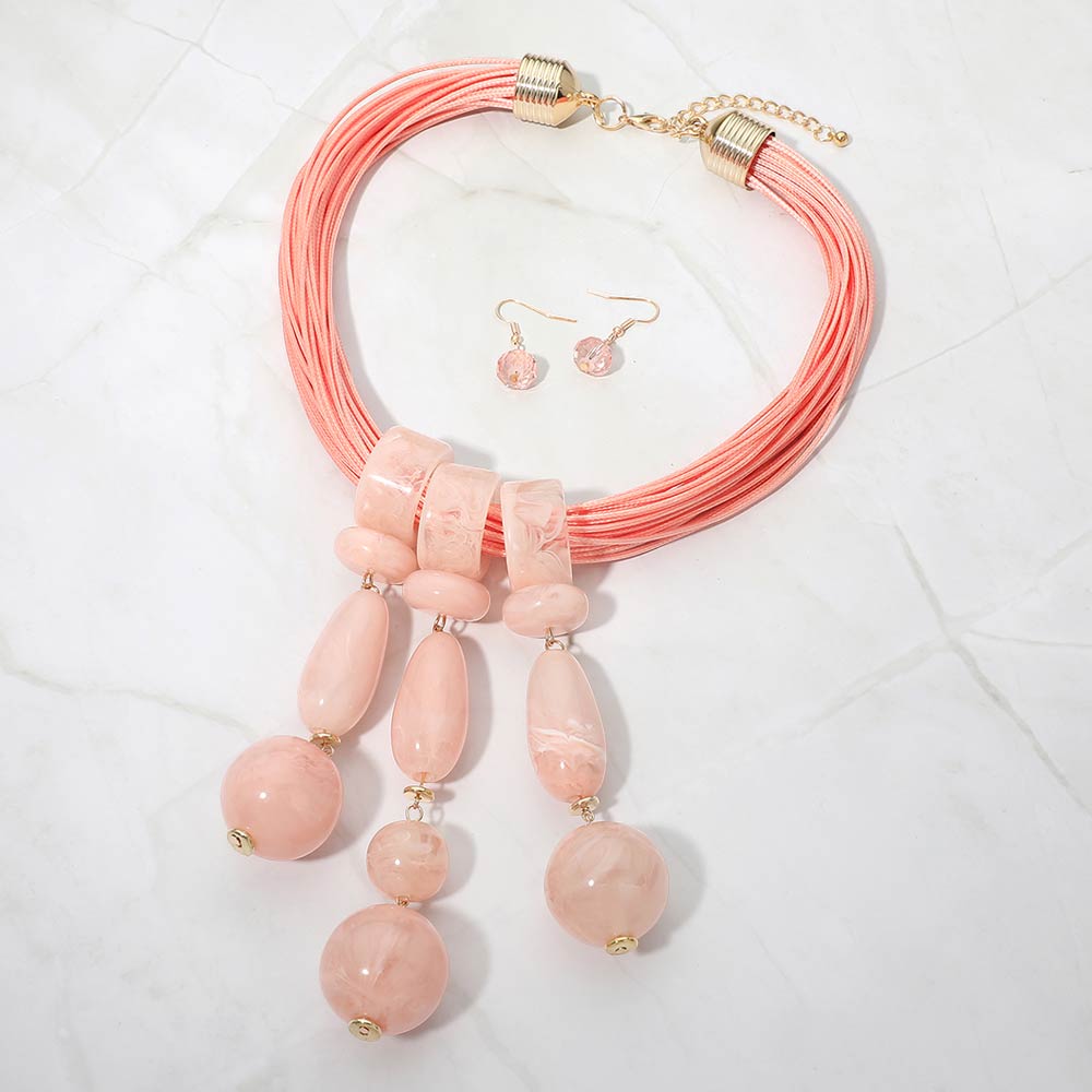 Madeline Love Gold, Pink Bold Marbled Resin Beads Drop Multi Strand Cord Statement Necklace - Necklaces