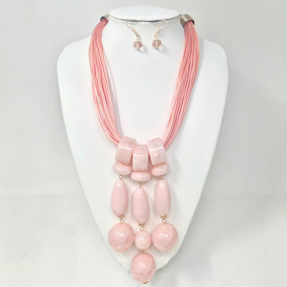 Madeline Love Gold, Pink Bold Marbled Resin Beads Drop Multi Strand Cord Statement Necklace - Necklaces - extra