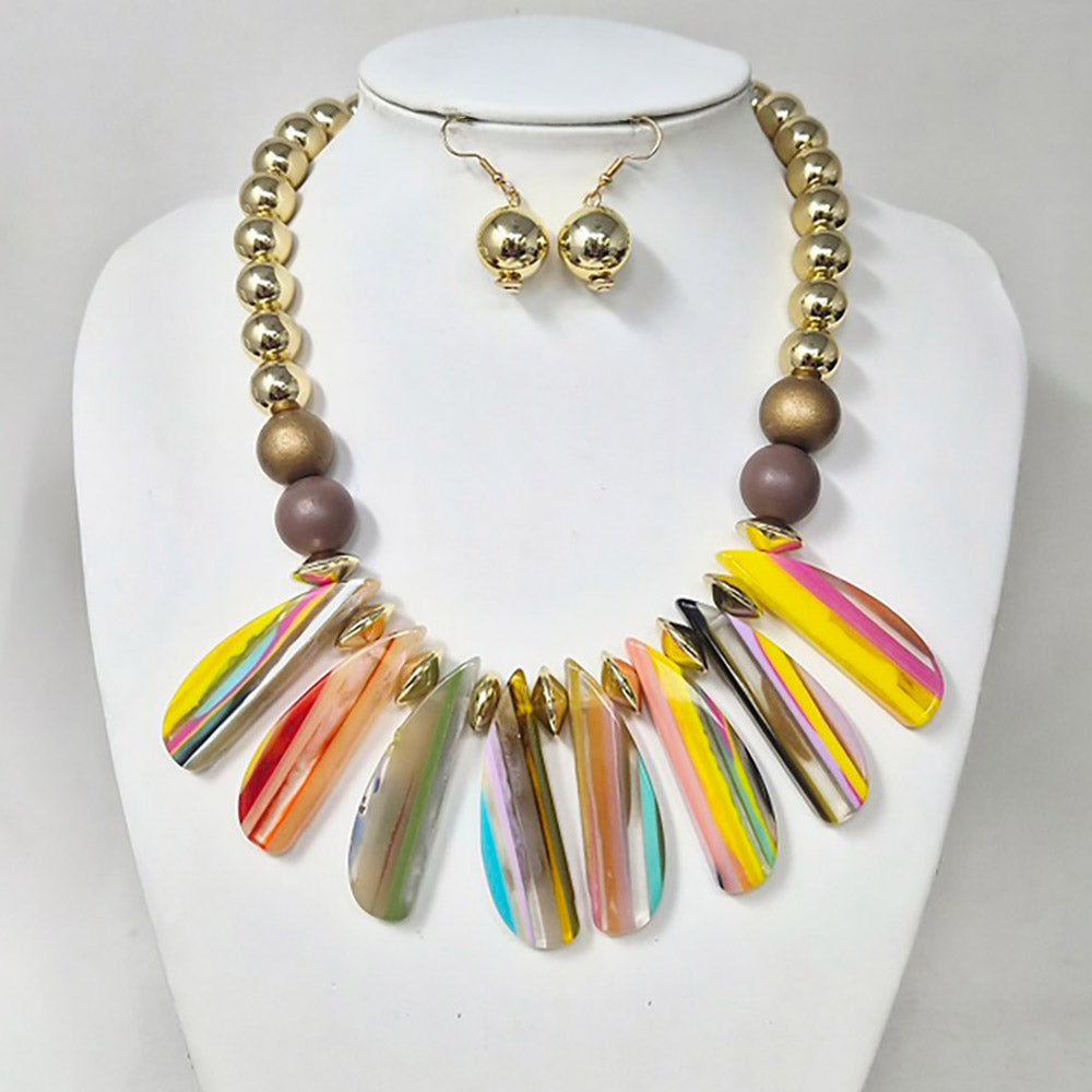 Madeline Love Gold Bold Multicolor Resin Long Teardrop Beaded Statement Necklace - Necklaces - extra