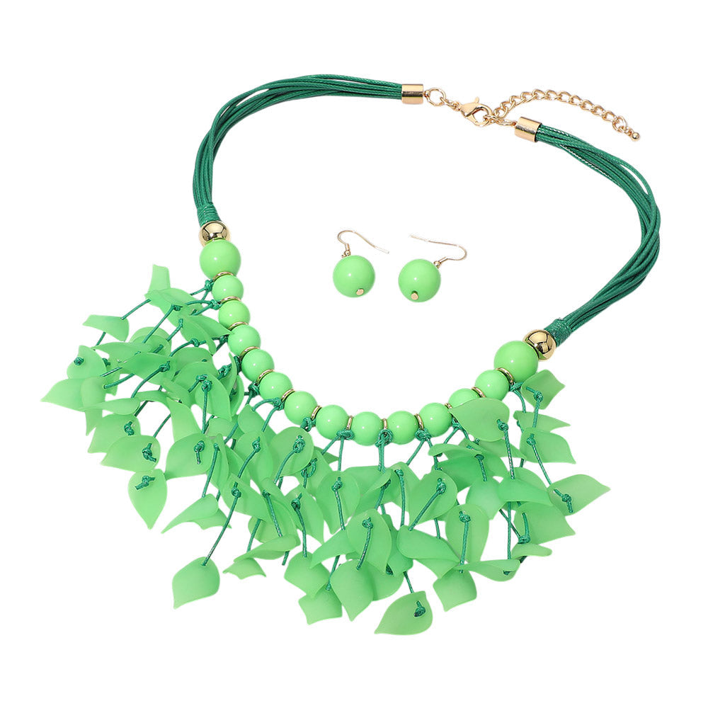 Madeline Love Gold, Green Bold Leaf Fringe Embellished Multi Cord Statement Necklace - Necklaces - desc