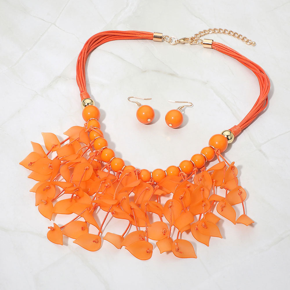 Madeline Love Gold, Orange Bold Leaf Fringe Embellished Multi Cord Statement Necklace - Necklaces