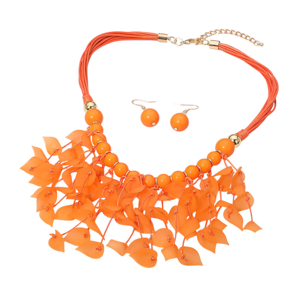 Madeline Love Gold, Orange Bold Leaf Fringe Embellished Multi Cord Statement Necklace - Necklaces - desc
