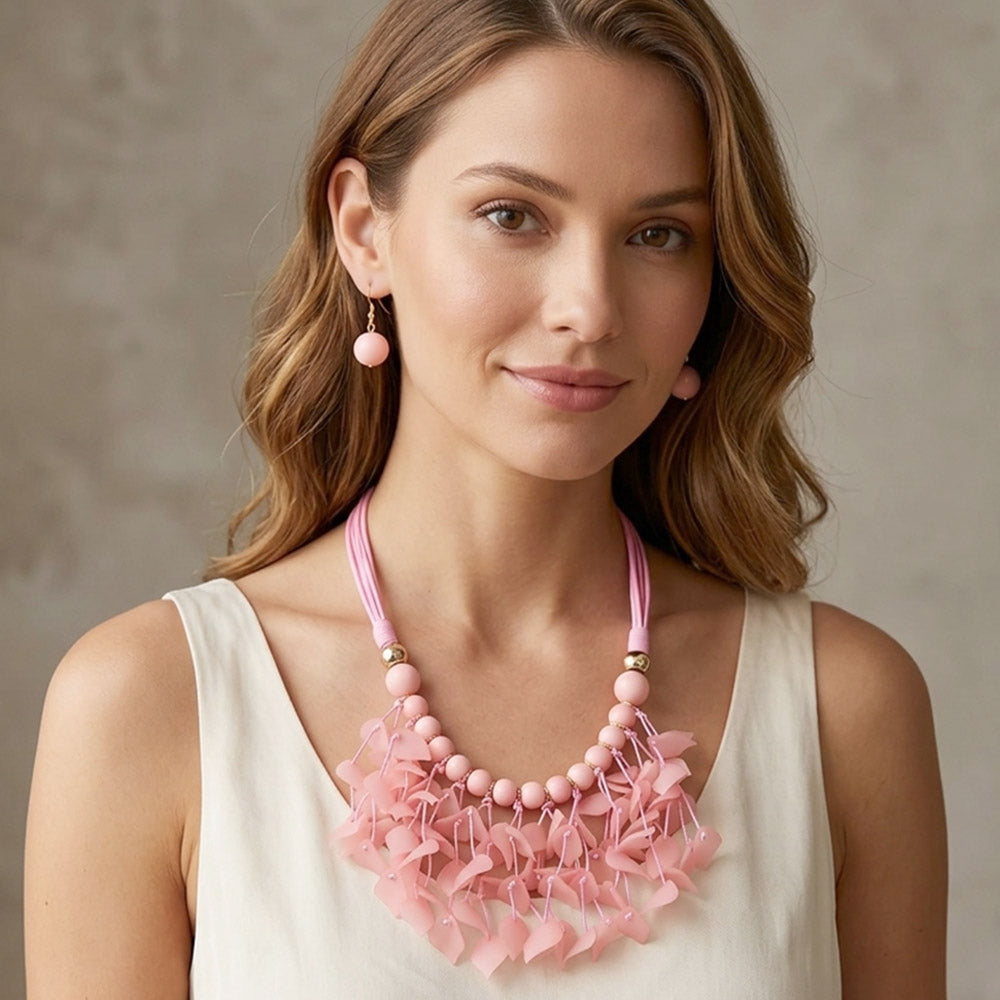 Madeline Love Gold, Pink Bold Leaf Fringe Embellished Multi Cord Statement Necklace - Necklaces