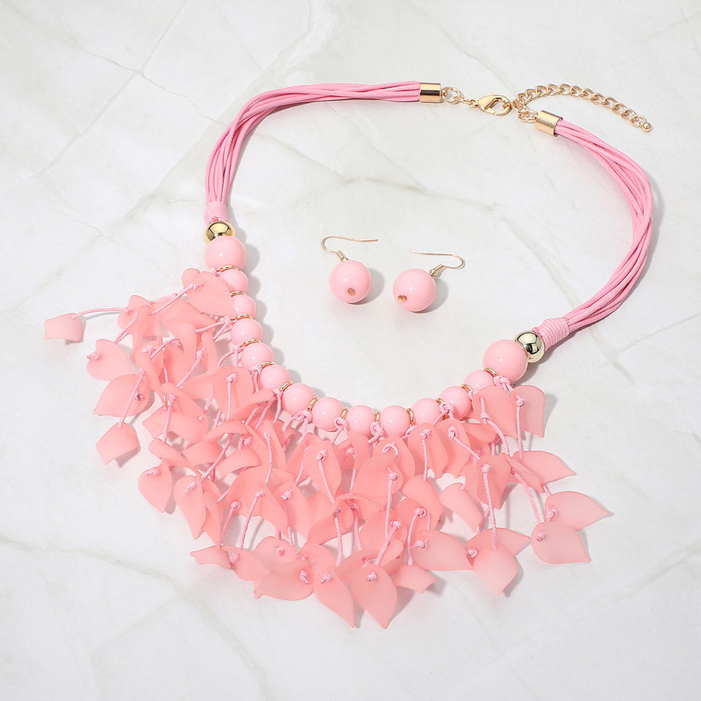 Madeline Love Gold, Pink Bold Leaf Fringe Embellished Multi Cord Statement Necklace - Necklaces - desc