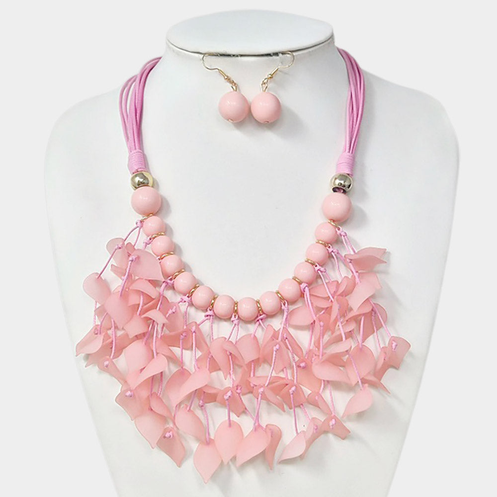Madeline Love Gold, Pink Bold Leaf Fringe Embellished Multi Cord Statement Necklace - Necklaces - extra