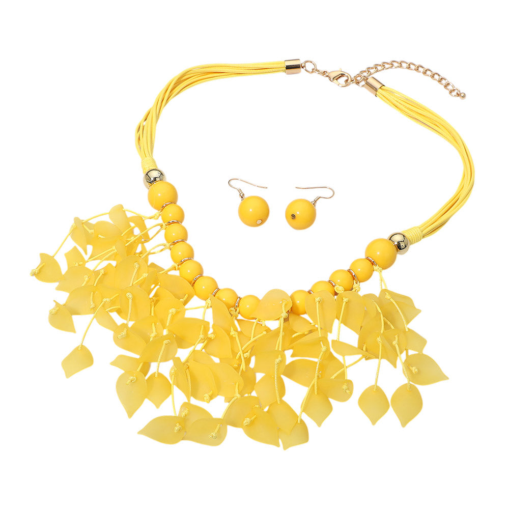 Madeline Love Gold, Yellow Bold Leaf Fringe Embellished Multi Cord Statement Necklace - Necklaces - desc