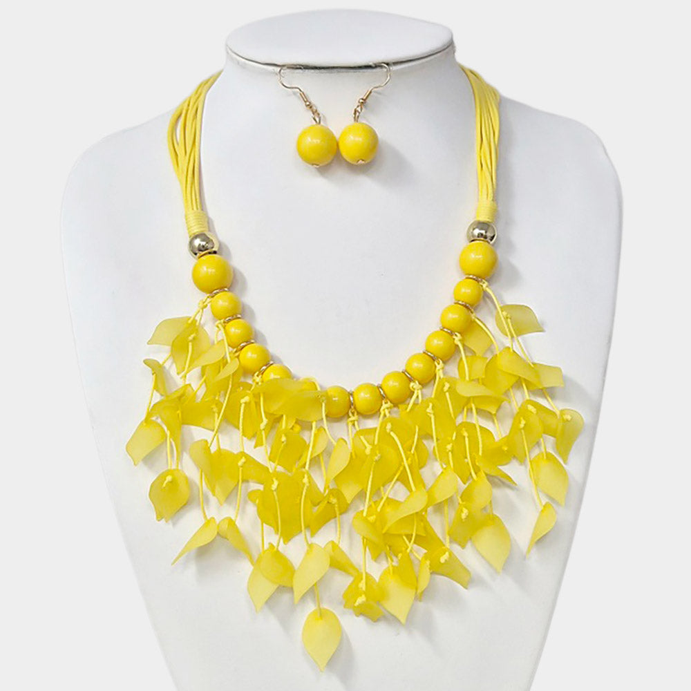 Madeline Love Gold, Yellow Bold Leaf Fringe Embellished Multi Cord Statement Necklace - Necklaces - extra