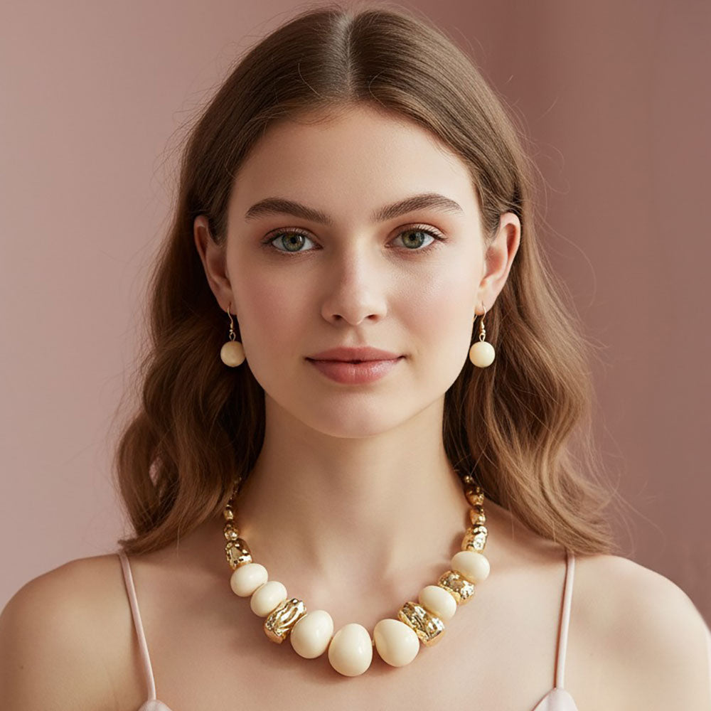 Madeline Love Gold, Ivory Bold Chunky Beaded Statement Necklace