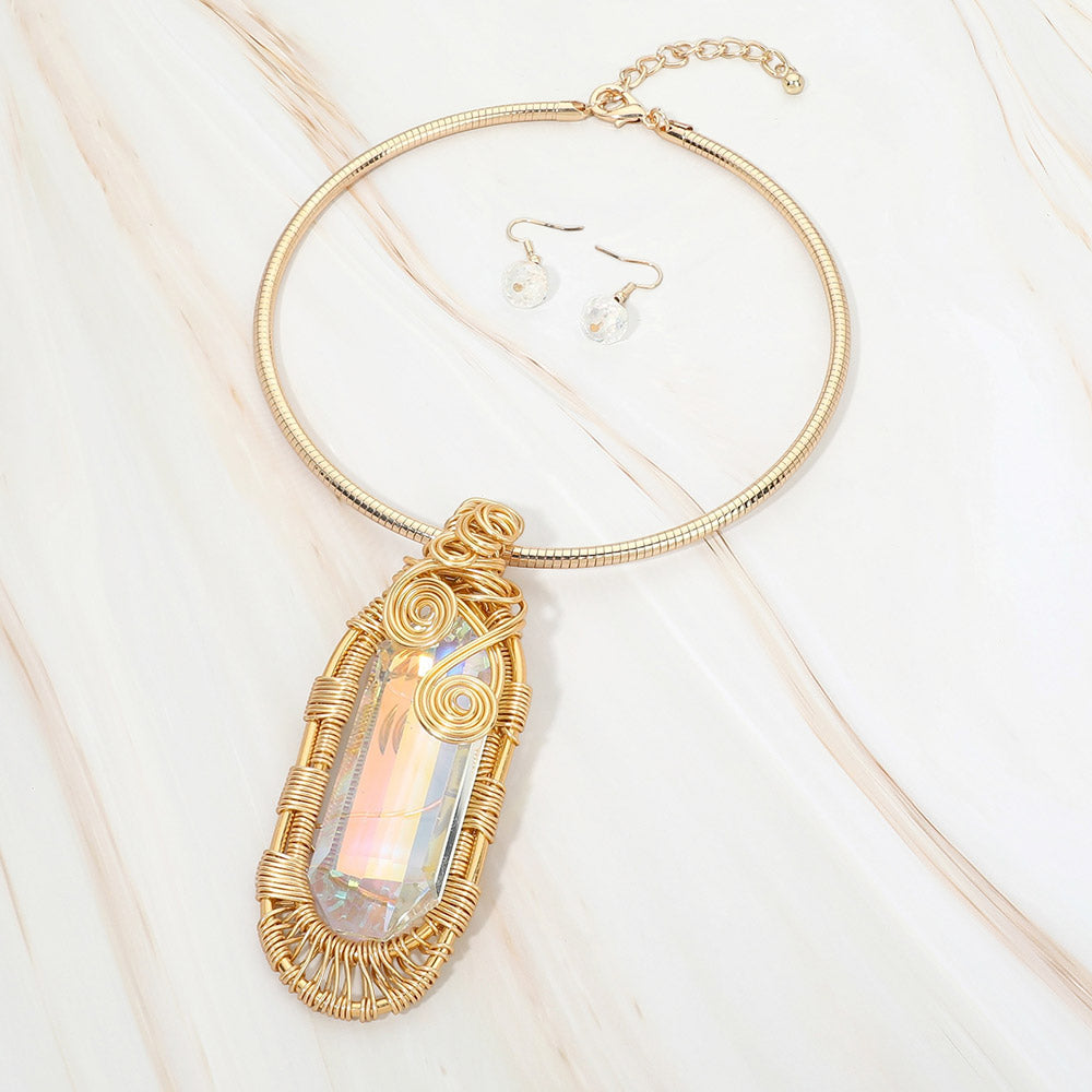 Madeline Love AB, Gold Bold Wire Wrapped Crystal Pendant Statement Necklace