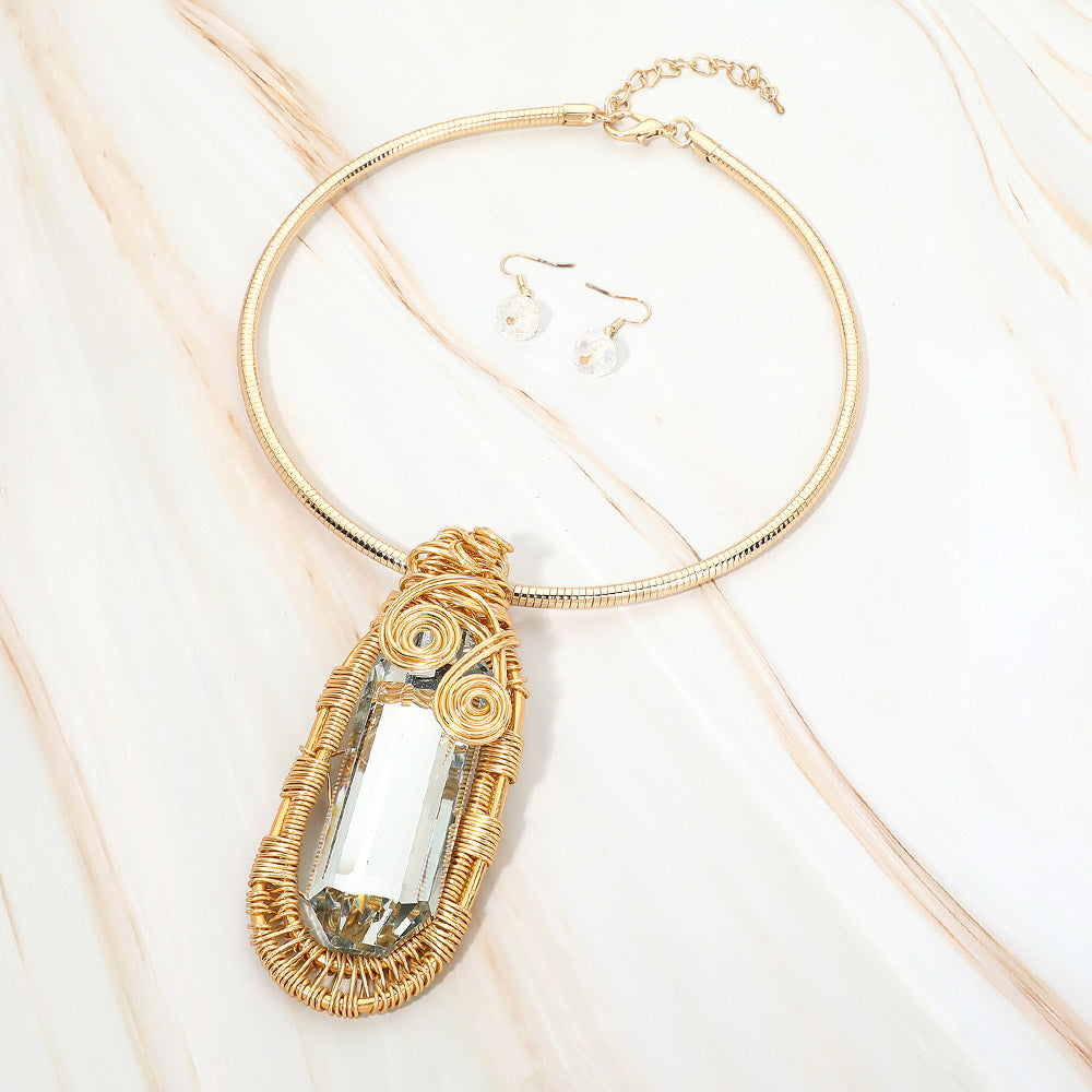 Madeline Love Clear, Gold Bold Wire Wrapped Crystal Pendant Statement Necklace