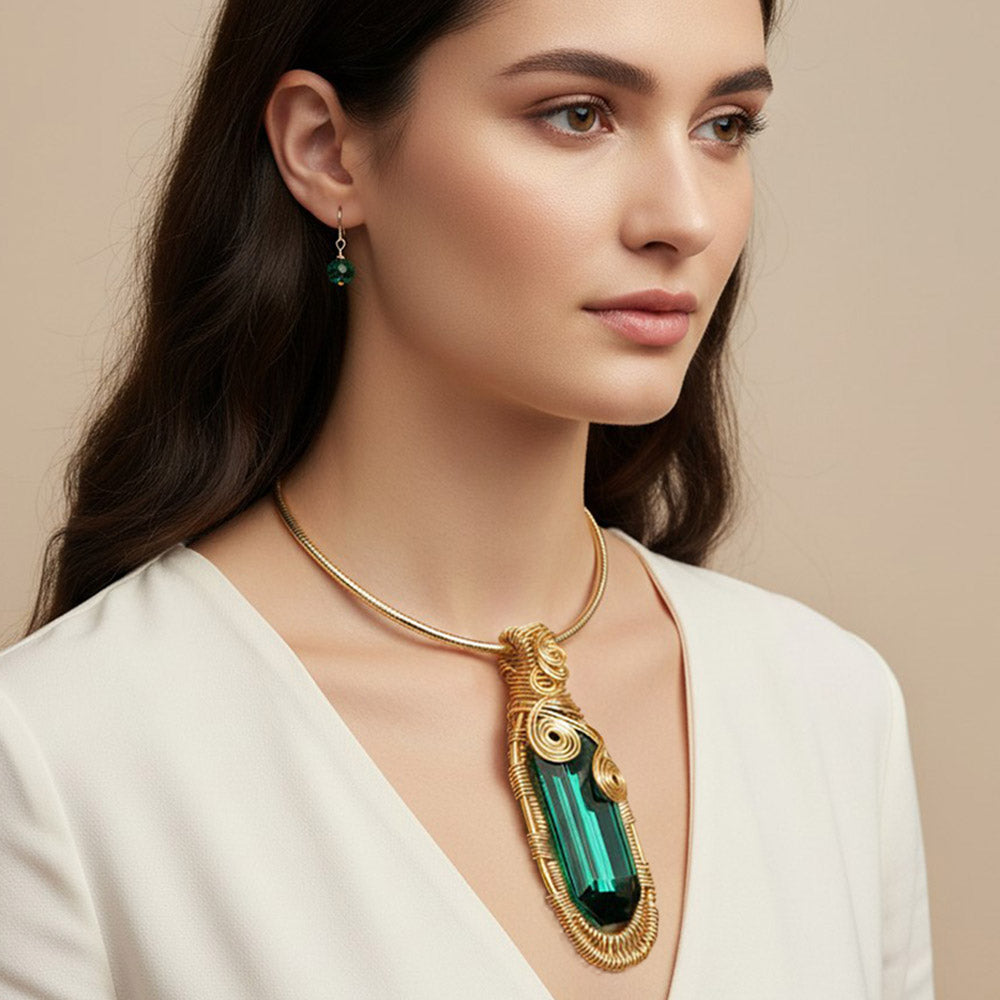 Madeline Love Gold, Green Bold Wire Wrapped Crystal Pendant Statement Necklace