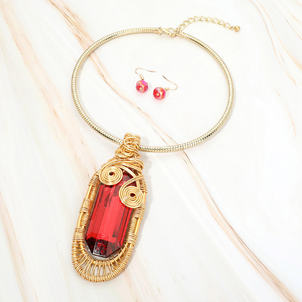 Madeline Love Gold, Red Bold Wire Wrapped Crystal Pendant Statement Necklace