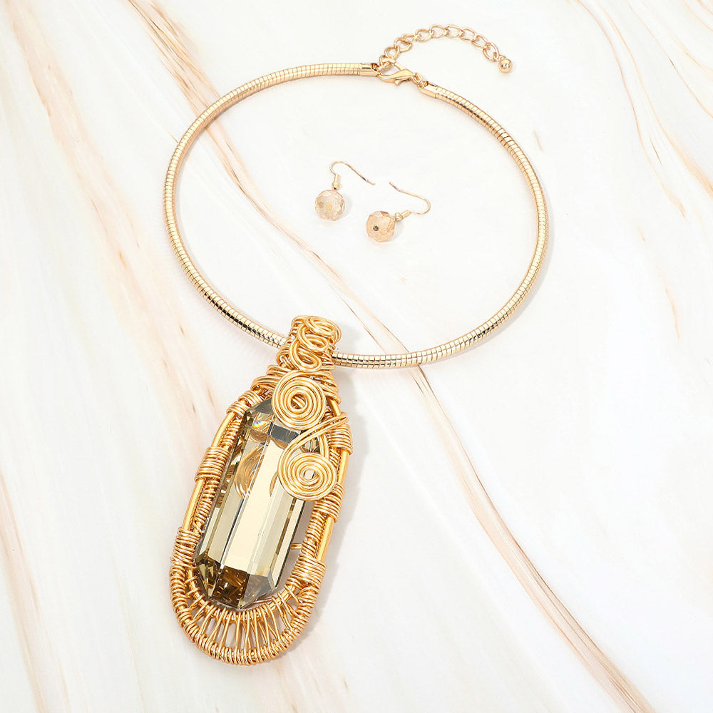 Madeline Love Gold, Topaz Bold Wire Wrapped Crystal Pendant Statement Necklace