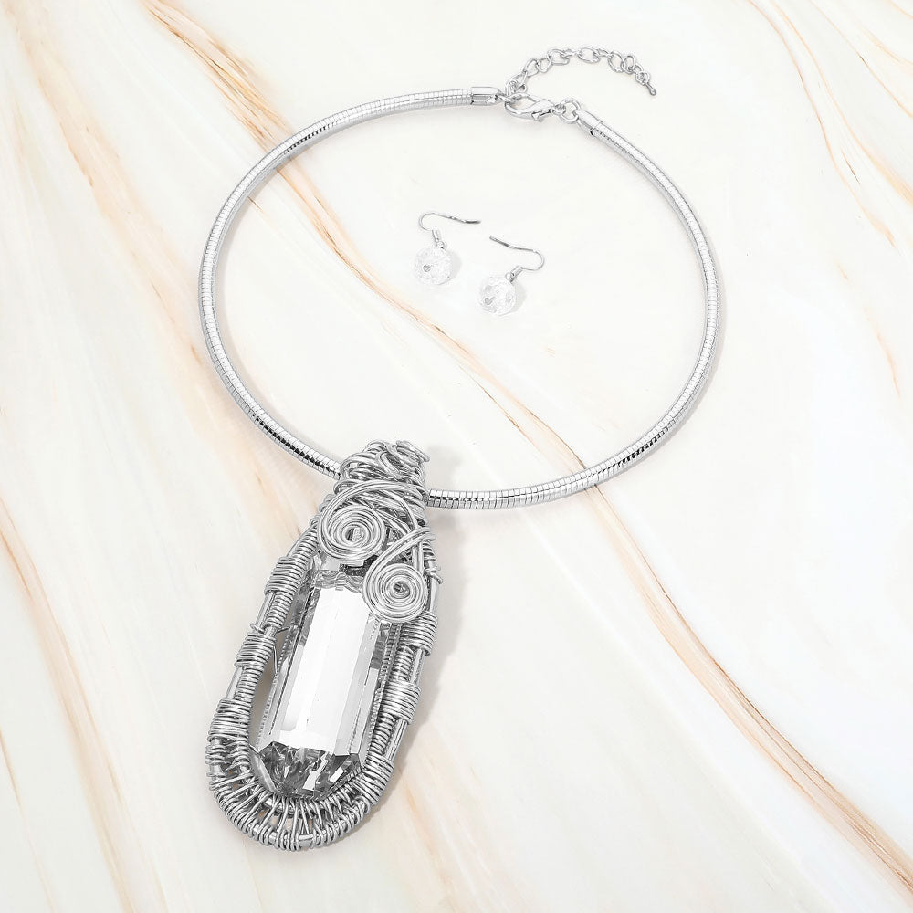 Madeline Love Clear, Rhodium Bold Wire Wrapped Crystal Pendant Statement Necklace
