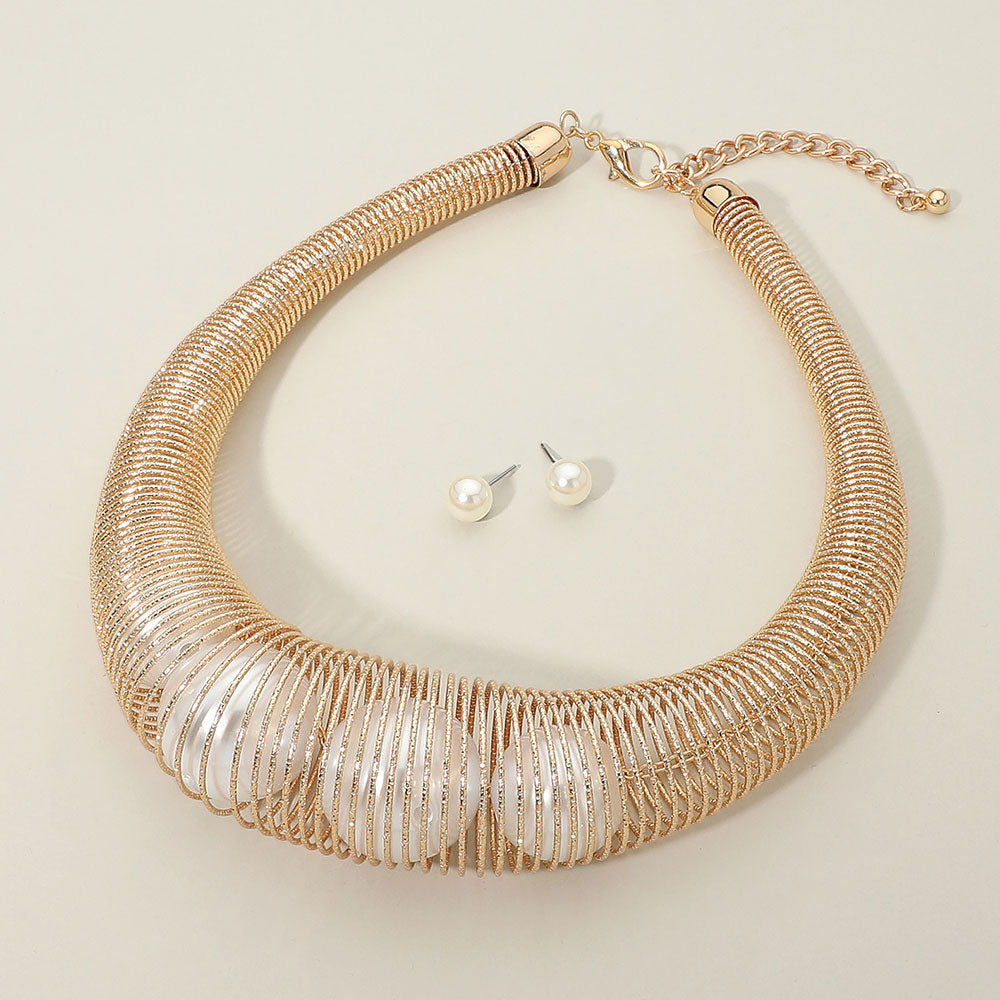 Madeline Love Cream, Gold Triple Bold Pearl Inside Coil Collar Statement Necklace