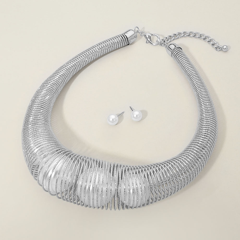Madeline Love Rhodium, White Triple Bold Pearl Inside Coil Collar Statement Necklace