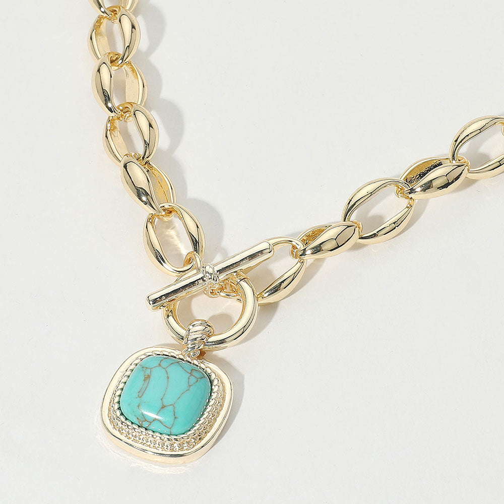 Madeline Love Gold, Turquoise 14K Gold Plated Bold Square Turquoise Stone Pendant Toggle Necklace