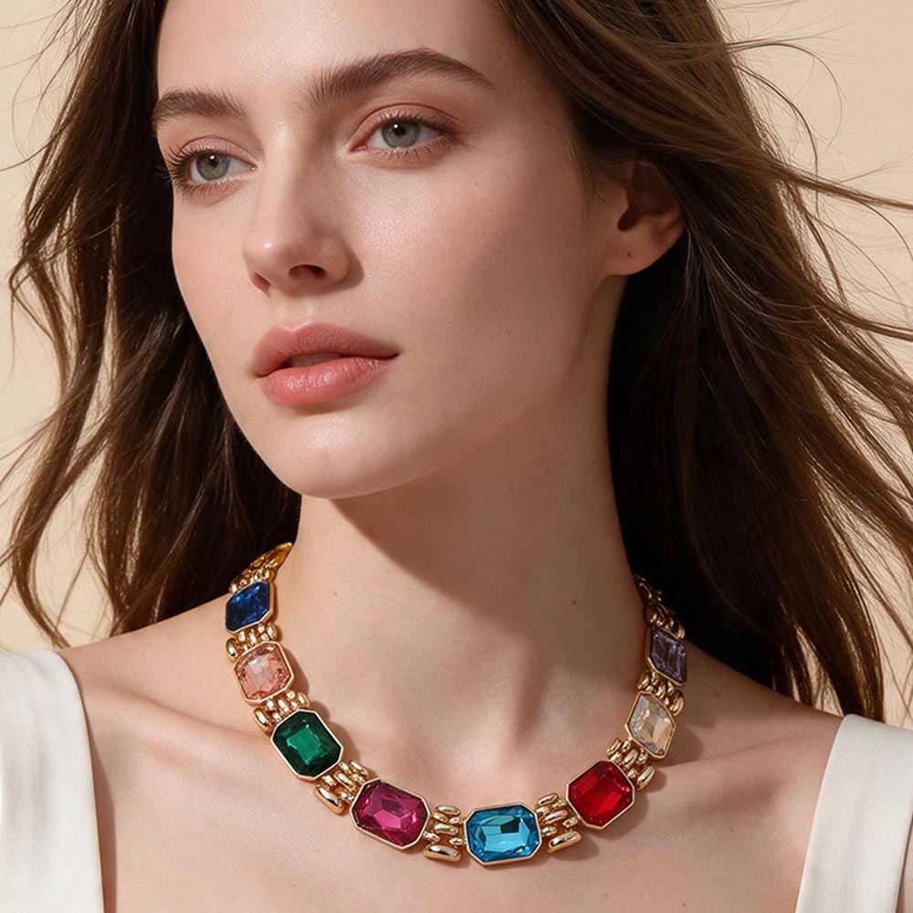 Madeline Love Multi Bold Colorful Chunky Geometric Gem Link Statement Necklace