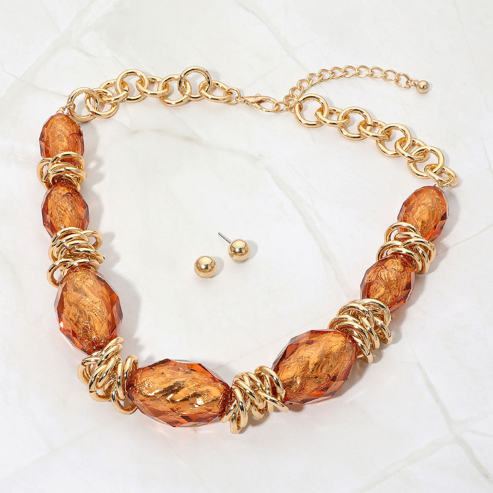 Madeline Love Brown, Gold Chunky Faceted Organic Shape Beaded Statement Necklace