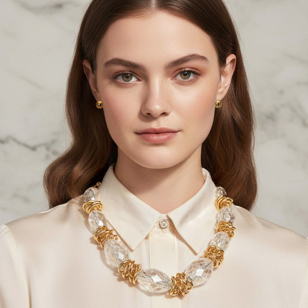Madeline Love Clear, Gold Chunky Faceted Organic Shape Beaded Statement Necklace