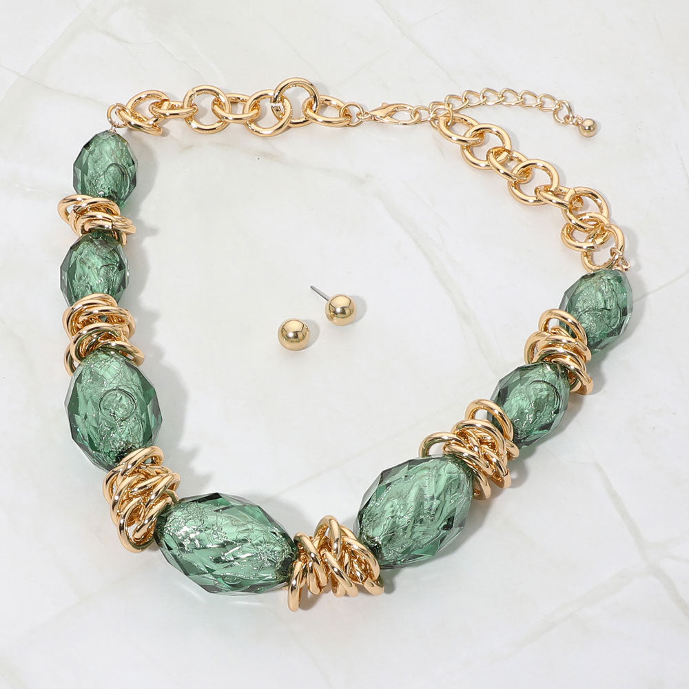 Madeline Love Gold, Green Chunky Faceted Organic Shape Beaded Statement Necklace