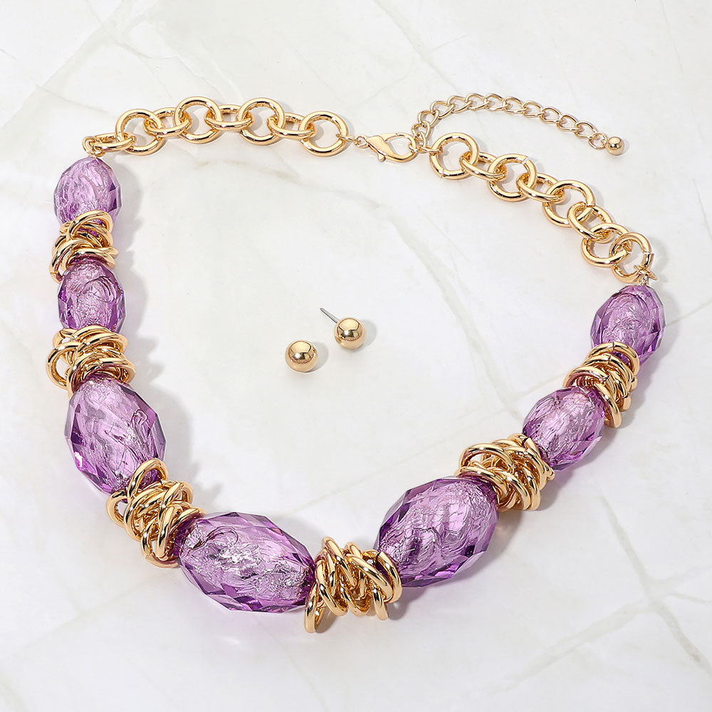 Madeline Love Gold, Purple Chunky Faceted Organic Shape Beaded Statement Necklace