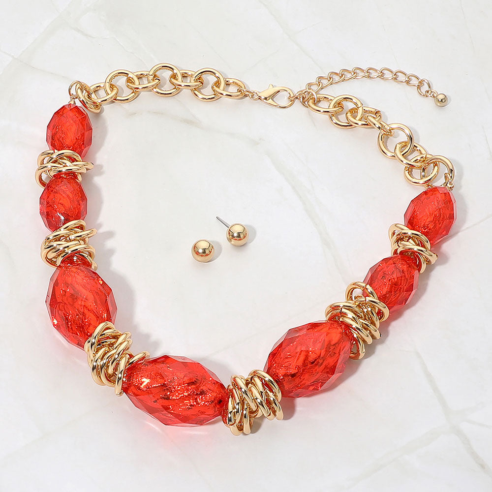 Madeline Love Gold, Red Chunky Faceted Organic Shape Beaded Statement Necklace