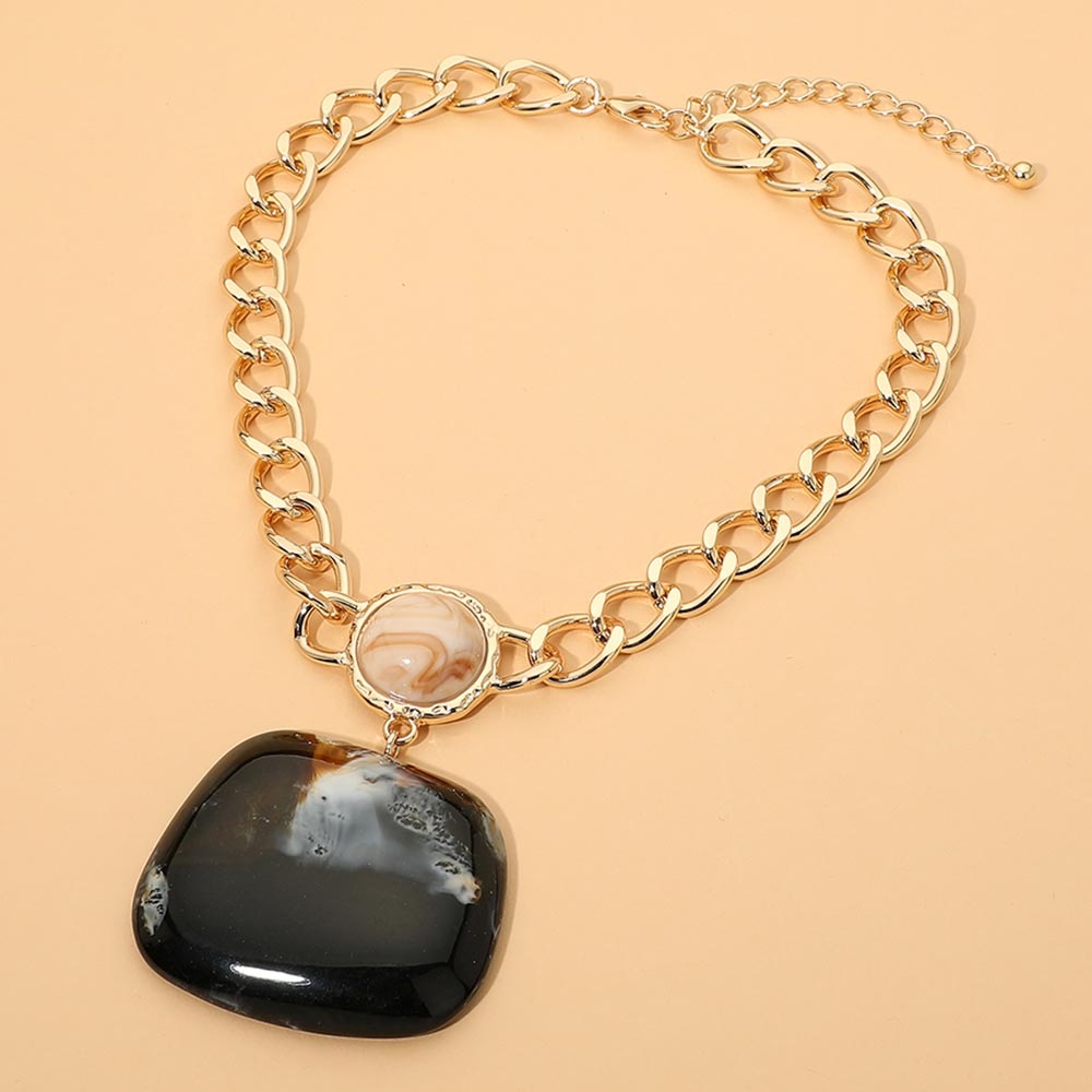 Madeline Love Black, Gold Oversized Marbled Pebble Pendant Chunky Chain Statement Necklace