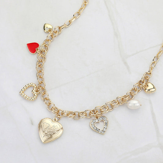 Enamel Stone Paved Metal Heart Pearl Charm Station Necklace