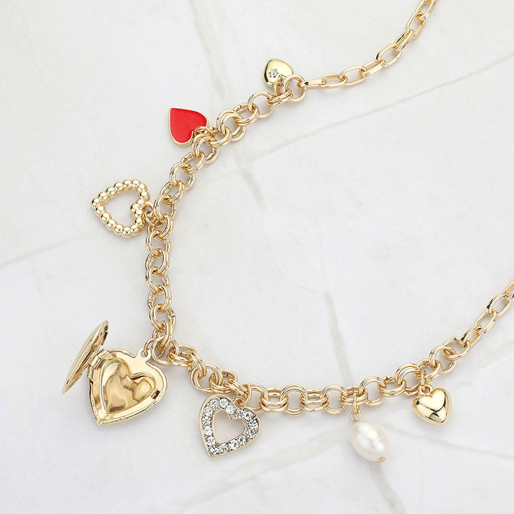 Enamel Stone Paved Metal Heart Pearl Charm Station Necklace