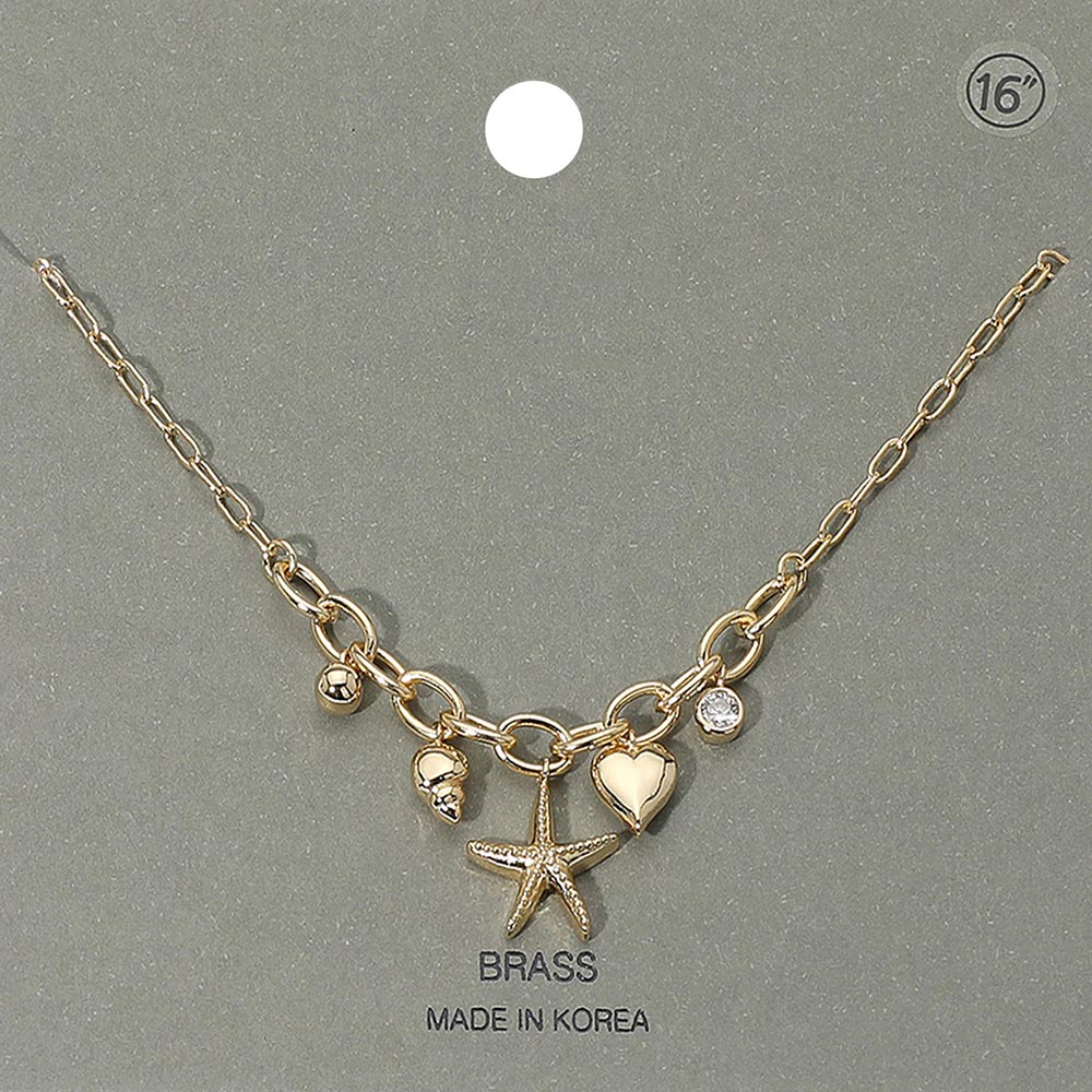 Clear, Gold Starfish Heart Shell Stone Bezel Charm Station Paperclip Chain Necklace