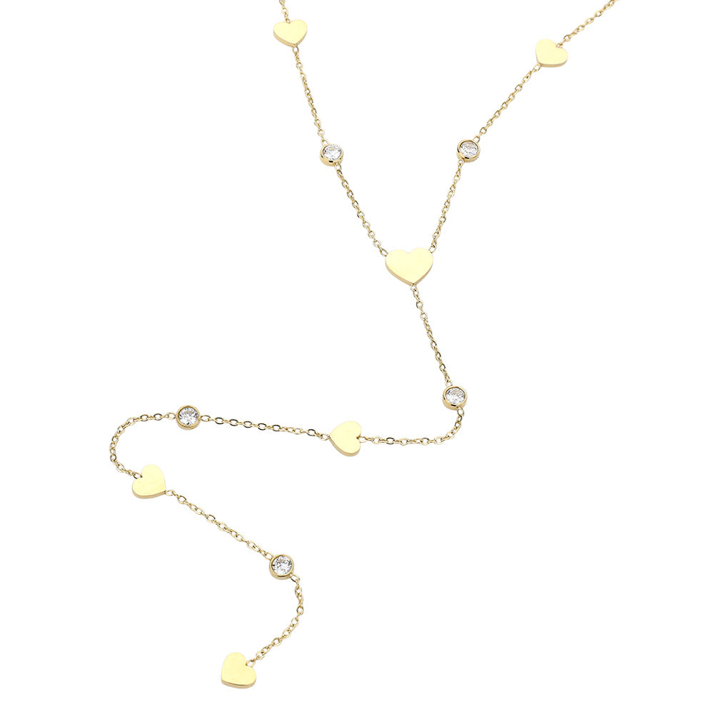 SECRET BOX_Stainless Steel Heart Charm Stone Bezel Station Y Shaped Necklace - Necklaces