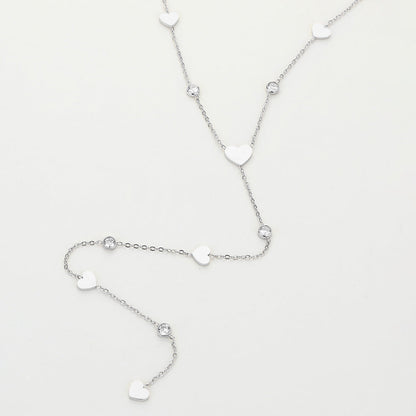 SECRET BOX_Stainless Steel Heart Charm Stone Bezel Station Y Shaped Necklace - Rhodium - Necklaces