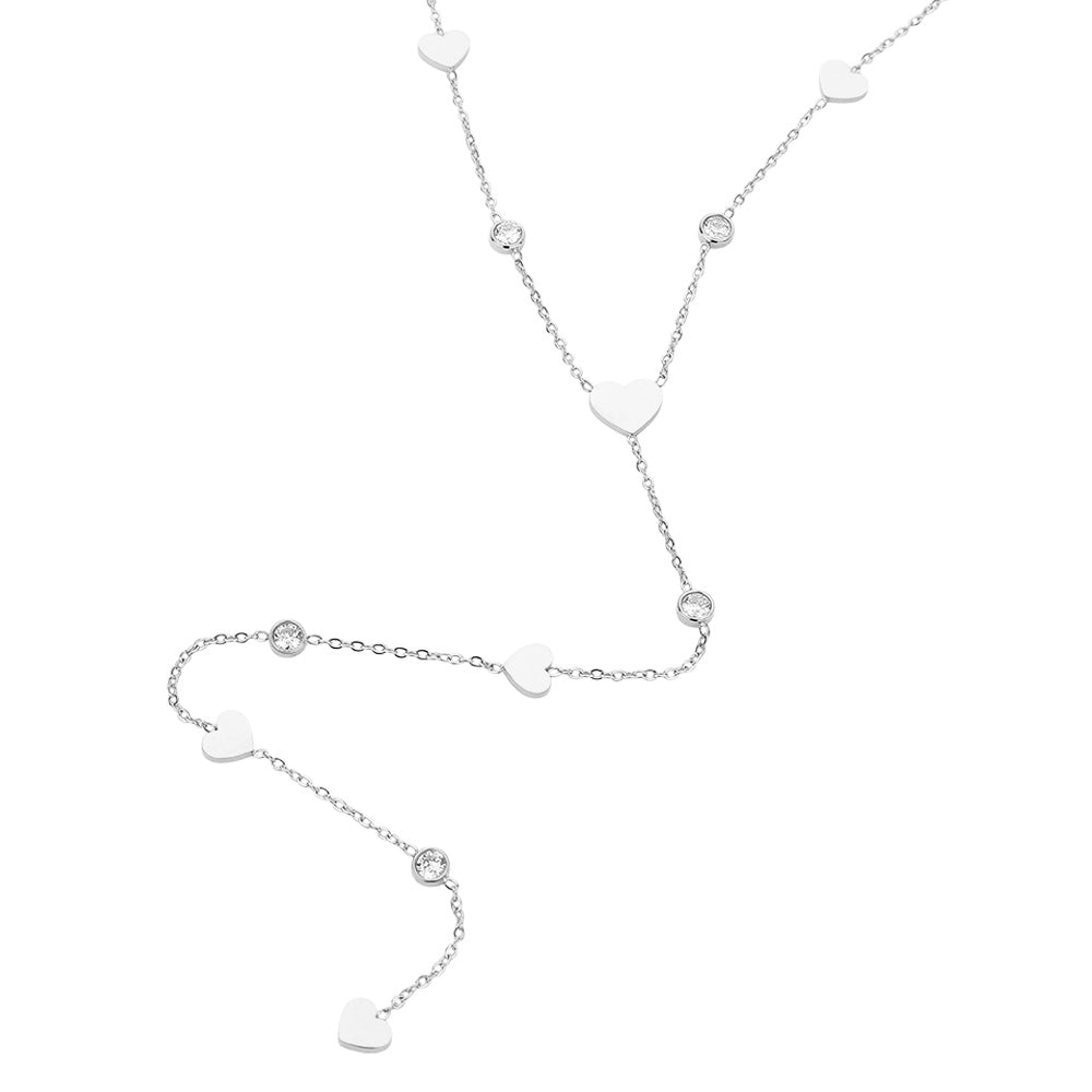 SECRET BOX_Stainless Steel Heart Charm Stone Bezel Station Y Shaped Necklace - Necklaces