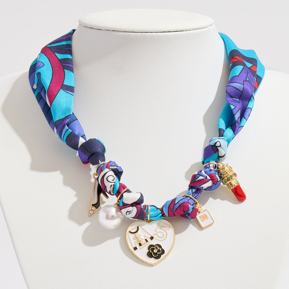 Madeline Love Blue, Dark, Gold Fashion Item Pearl Charm Station Fabric Scarf Necklace Adjustable Bracelet Bag Charm - Bags & Wallets