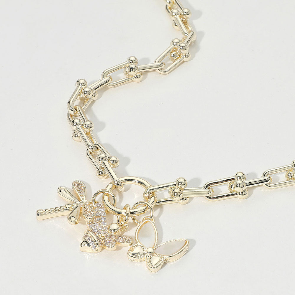 Madeline Love Gold, Mother of Pearl 14K Gold Plated CZ Stone Paved Dragonfly Honey Bee Mother of Pearl Butterfly Charm Pendant Chunky Industrial Chain Necklace