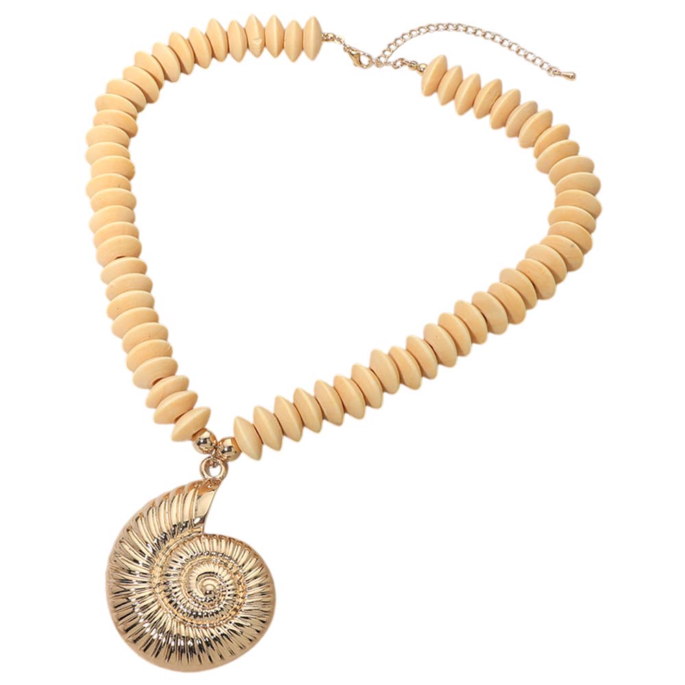 Madeline Love Ivory, Worn Gold Spiral Shell Accent Wooden Beaded Statement Necklace - Necklaces - desc