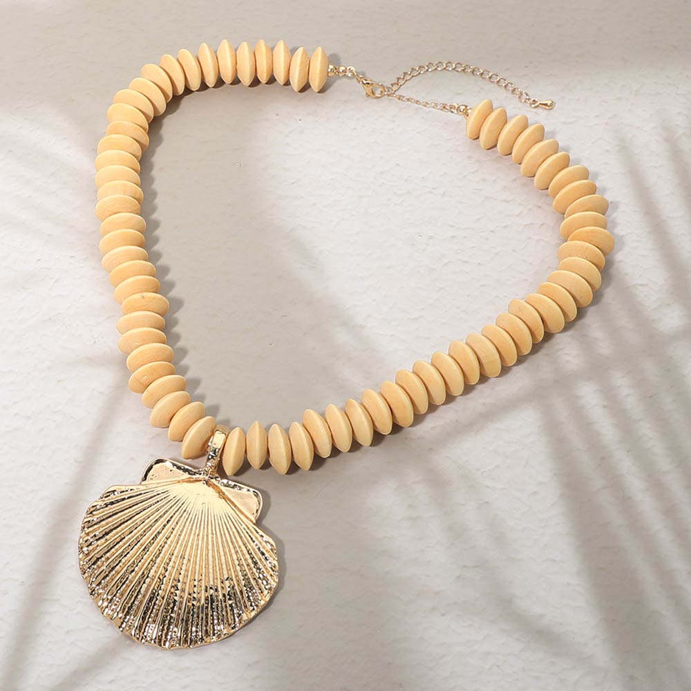 Madeline Love Gold, Ivory Seashell Accent Wooden Beaded Statement Necklace - Necklaces