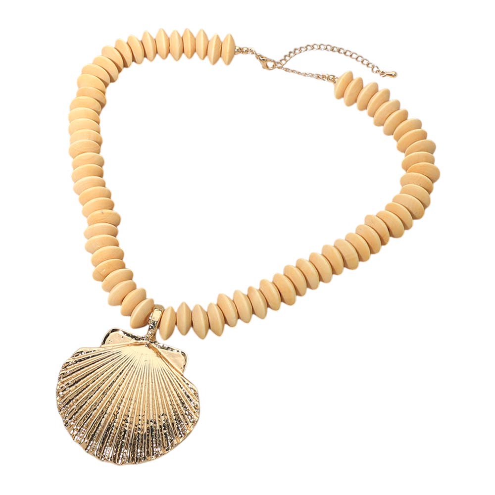 Madeline Love Gold, Ivory Seashell Accent Wooden Beaded Statement Necklace - Necklaces - desc