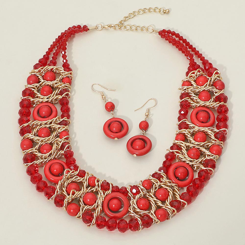 Madeline Love Gold, Red Multi Strand Beaded Statement Necklace - Necklaces